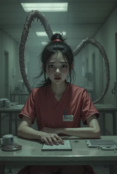 A frightened 20 year old Asian girl, beautiful face, black hair tied in a bun, dark red nursing scrubs, sitting at a nursing station in a dark abandoned hospital, tentacles are coming up behind her in the background as she sits unaware, Eldritch Horror, su...