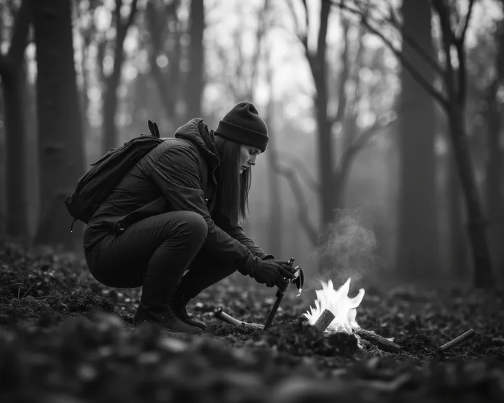 A wide-angle, ultra-realistic black and white photograph of a female hunter crouching in a dense winter forest filled with thick fog. The scene is captured in a wide shot with a 35mm f/2.0 lens, using simulated long exposure to create gentle motion blur in...