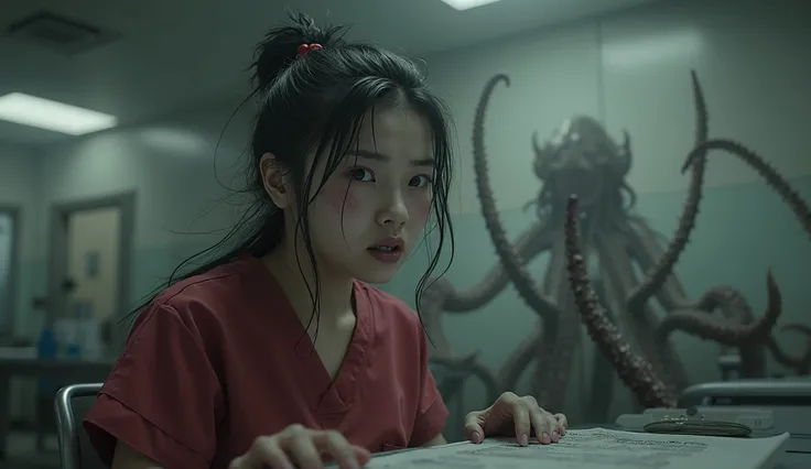 A frightened 20 year old Asian girl, beautiful face, black hair tied in a bun, dark red nursing scrubs, sitting at a nursing station in a dark abandoned hospital, tentacles are coming up behind her in the background as she sits unaware, Eldritch Horror, su...