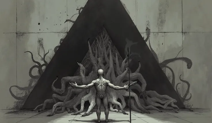 A man with no skin standing in front of a large black triangle on a concrete wall, he beckons with outstretch arms as tentacles slowly emerge from the blackness of the triangle, dim lighting from torches, Eldritch Horror, surreal, macabre, gory, high deta...
