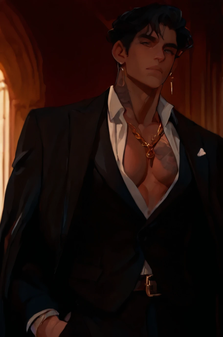 A muscular man is portrayed wearing an elegant, well-tailored black suit. The jacket is unbuttoned to reveal his bare chest, showing a prominent tattoo of the upper trunk. His suit is formal, mas estiloso, complemented by a white shirt that is opened at th...