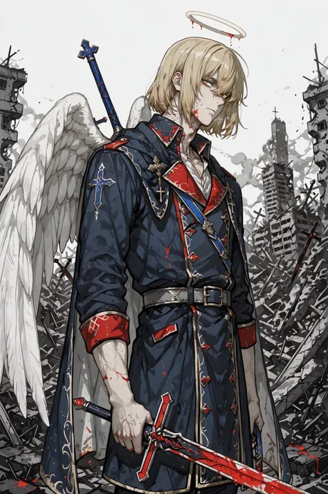 handsome anime-style man, male, around 23 years old, blond silky hair in a neck-length bob, all bangs swept strongly to the side, strong side-swept fringe, thin eyebrows, angel, large pure white wings growing from his back, European-style military uniform,...