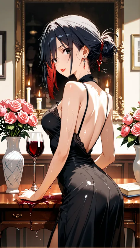 shizuka hiratsuka, long hair, black hair, black eyes,,anime girl,Suchwet,A digital ink wash style sumi-e illustration shoot from a profile camera angle about a woman in a black dress standing at a small table with two glasses of red wine and a bouquet of p...