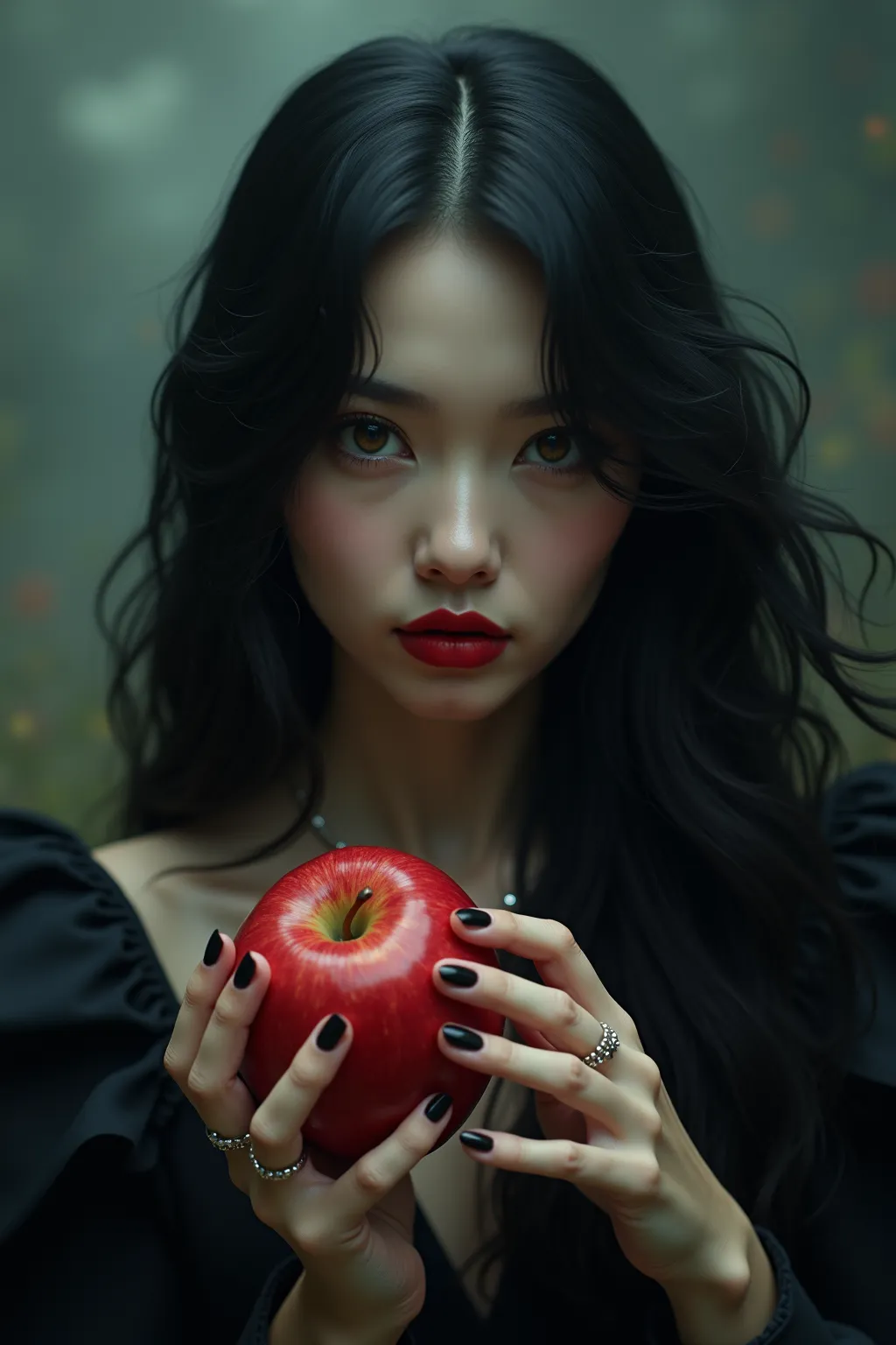 ((RAW Photo), absurd, (absurdresolution)), masterpiece, best quality, (Extremely detailed 8k unity CG wallpaper), (best illustration), (best shadow), Realistic lighting, beautiful detailed glow, ((21 years old)), girl, long black hair, black queen, accesso...