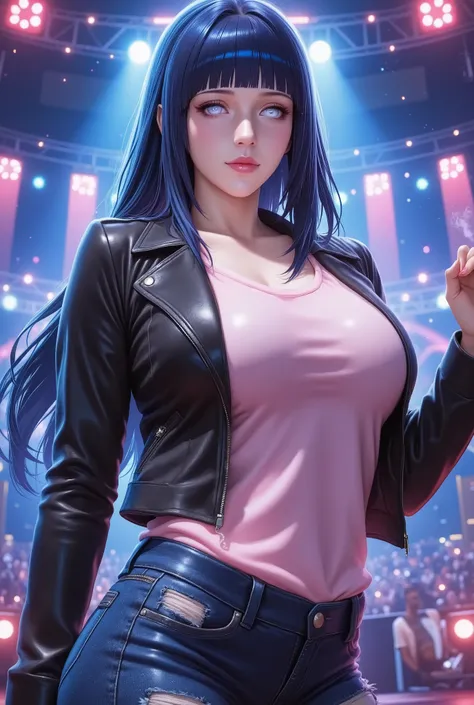((HYŪGA_HINATA'S)), (Masterpiece) (masterpiece) K-pop idol girl, medium-long Dark Blue hair, White eyes,thick lips painted red, dressed in a pink bib, short black leather jacket and worn jeans, with sexy attitude, on a stage with spotlights, bailando, In n...