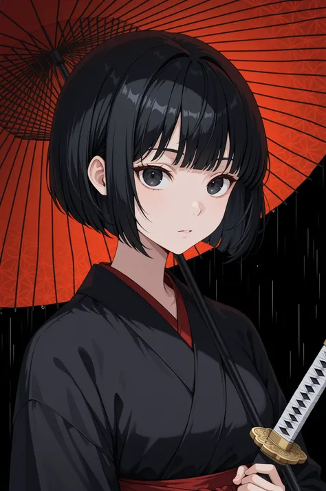 mayahell,black hair,dark eyes,bob cut,wearing a black kimono with a red pattern and holding a sword、is staring at me、black background、holding an old Japanese umbrella、Closeup from waist up、rain