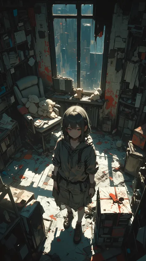 idol girl in fan gift room, surrounded by plushies and letters, but the shadows reveal burnt merchandise, red scribbles on wall, smiling with dead eyes