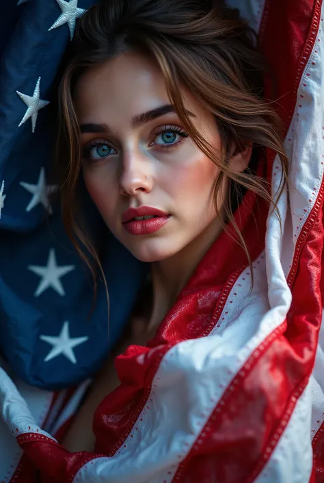 a very beautiful lady , detailed face features, elegant posture, serene expression, American flag, dynamic pose, raw photography 