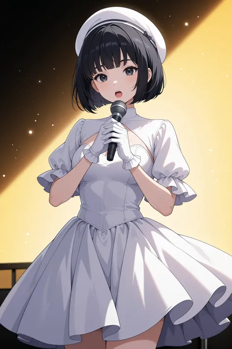 mayahell,black hair,dark eyes,bob cut,solo,standing、white dress、white beret、white gloves、singing on stage、studio、