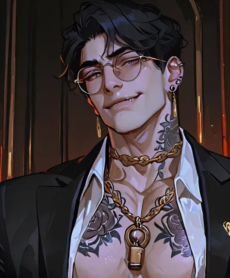 1boy, solo, dominant pose, muscular asian male, short black hair, piercing lilac eyes, sharp jawline, idol face, smirking expression, wearing a black suit with open white shirt, showing muscular tattooed chest, gold chains on neck, luxury watch and rings, ...