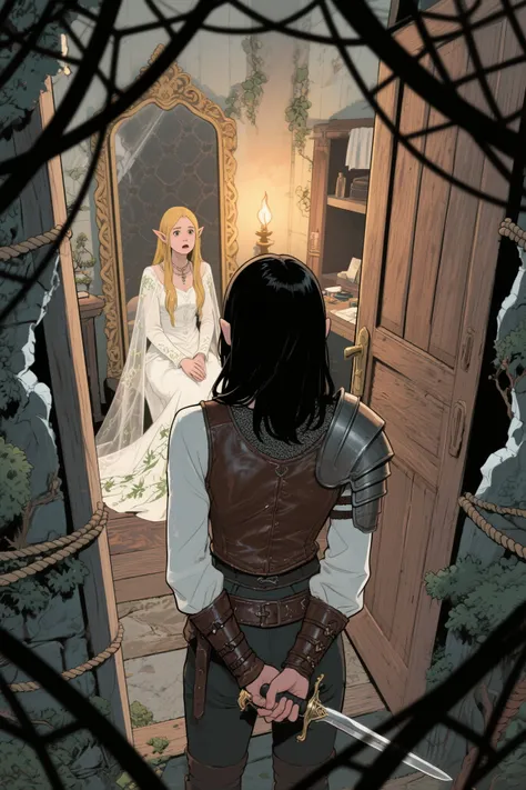 two characters. (Extreme view from above a close-up view of a girl from above from behind standing outside in the foreground with her back in medieval lightweight leather armor, brown leather armor on her chest, leather bracelets thick on her hands, an elegant dagger clutches in his hand. She has black hair. Extreme angle from above. The camera is tilted sideways).
Through a crack in the half-open wooden door inside, you can see an old medieval actorch-lit dressing room. close-up portrait. Behind the half-open wooden door, you can see an elegant elf sitting with her back her golden long hair in front of a large patterned mirror, She has a scared face, , a refined figure dressed in transparent snow-white long fabric with long white sleeves and a pattern of green plants. Quirky numerous decorations of bushes and trees in the room by the light of a torch.
In the foreground, ropes and decorations resembling a spider's web are very blurred and darkened..
Thick black outline lines. Stylized art.
The contrast of the warm backstage atmosphere and the cold stage. An atmosphere of horror and intrigue.
