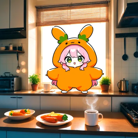Precise and Exciting Anime、 chibi、 carrot costume 、pink long straight hair、green eyes、Dread
photo background: sunlit summer morning kitchen interior, warm golden light streaming through a window, clean wooden countertop with neatly stacked ceramic plates,...