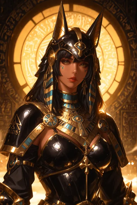 (melhor qualidade, Fotorealista, Altamente detalhado:1.2), futuristic combat helmet design with hieroglyphic marks, pharaohpunk, full body photo of a beautiful woman in gold and black armor inspired by Egypt, with elegant curves in a fantasy style in the s...