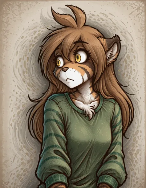 MCNS322MGG, faux traditional media,, masterpiece, best quality, very aesthetic, 1girl,, furry, solo, flora-twokinds, flora_twokinds,, tiger, striped fur, keidran, yellow eyes, anthro,, green shirt