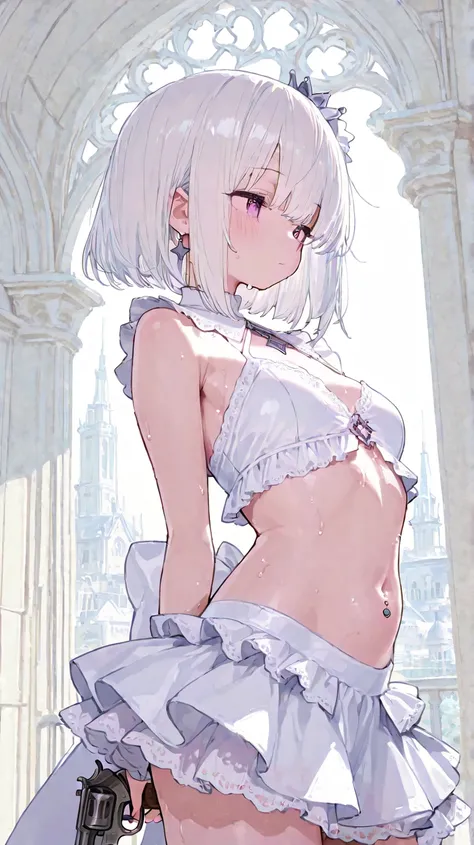 Cute,748cmstyle,(masterpiece:1.2, top quality), (beautiful detailed eyes: 1.2), ((1 Beautiful Girl)),  (beautiful background:1.2), (Highly Detailed CG, Super Detailed),(Extremely Detailed and Beautiful:1.1), (perfect detail:1.1), A single idol girl shooting a revolver　white hair　Short Bob　pink idol costume　sweat　 in the city at night　 Return Blood　belly button out　miniskirt