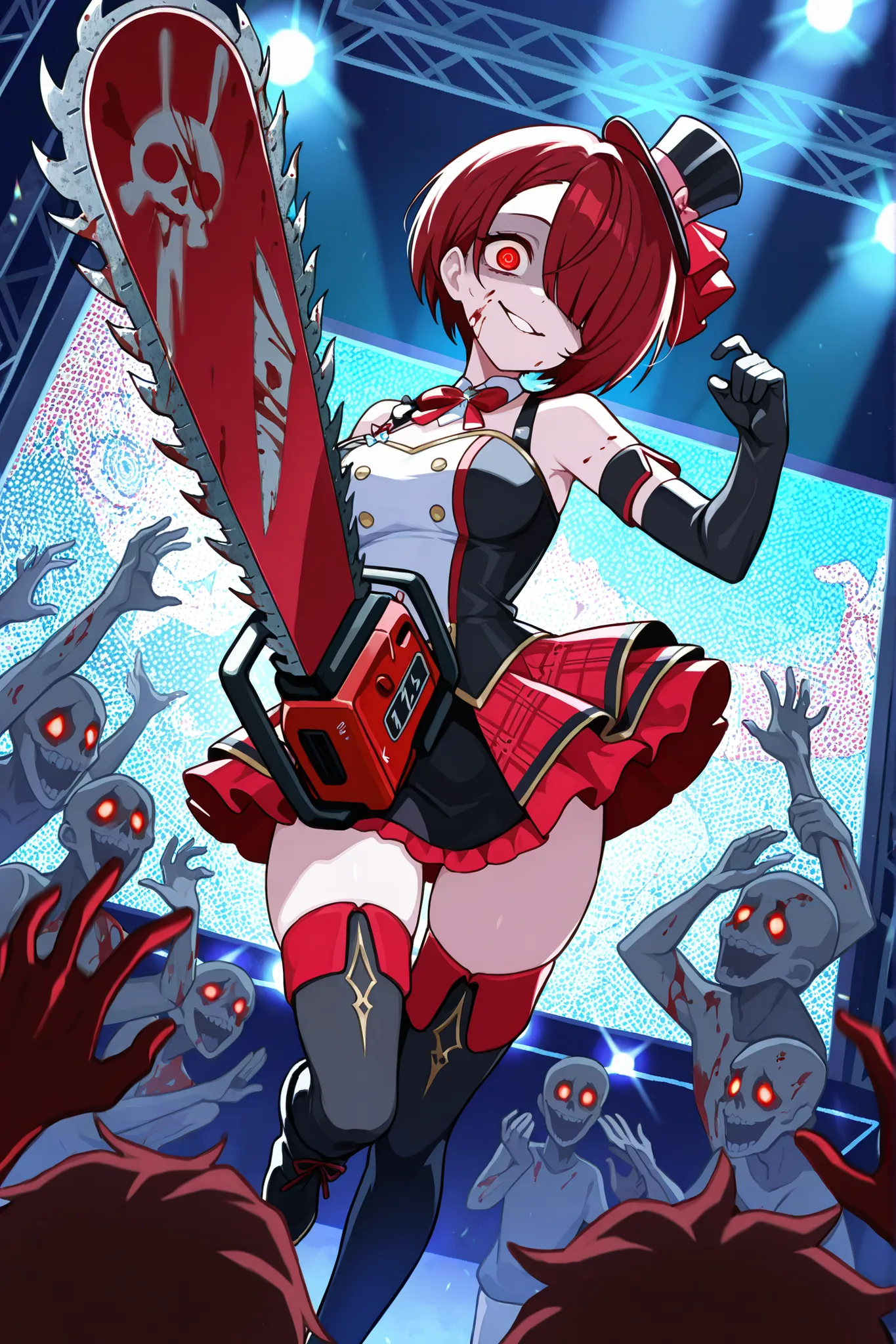 masterpiece, best quality, amazing quality, ultra detailed, very aesthetic, absurdres, highres, merustyle, Idol Slayer, 1girl, red hair, short asymmetrical bobcut, hair over eye, asymmetrical bangs, medium breasts, cute idol dress, idol boots, idol thigh h...
