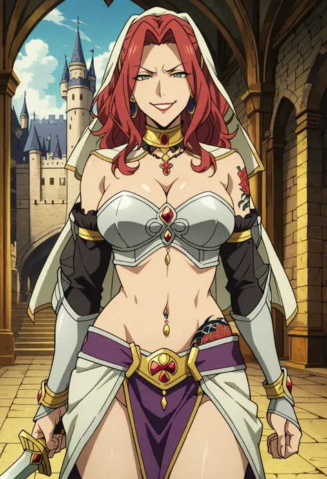 masterpiece, anime coloring, newest,   Malty S Melromarc, Main Outfit, solo, looking at viewer, castle,inside castle, , ear piercing, long hair,  lipstick,Hot girl, baddie, smoking, sensual, attractive ,cross
necklace, choker, neck ring,  elbow gloves, mid...