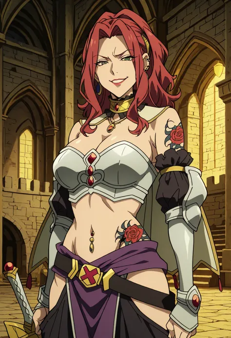 masterpiece, anime coloring, newest,   Malty S Melromarc, Main Outfit, solo, looking at viewer, castle,inside castle, , ear piercing, long hair,  lipstick,Hot girl, baddie, smoking, sensual, attractive ,cross
necklace, choker, neck ring, harem pants, elbow...