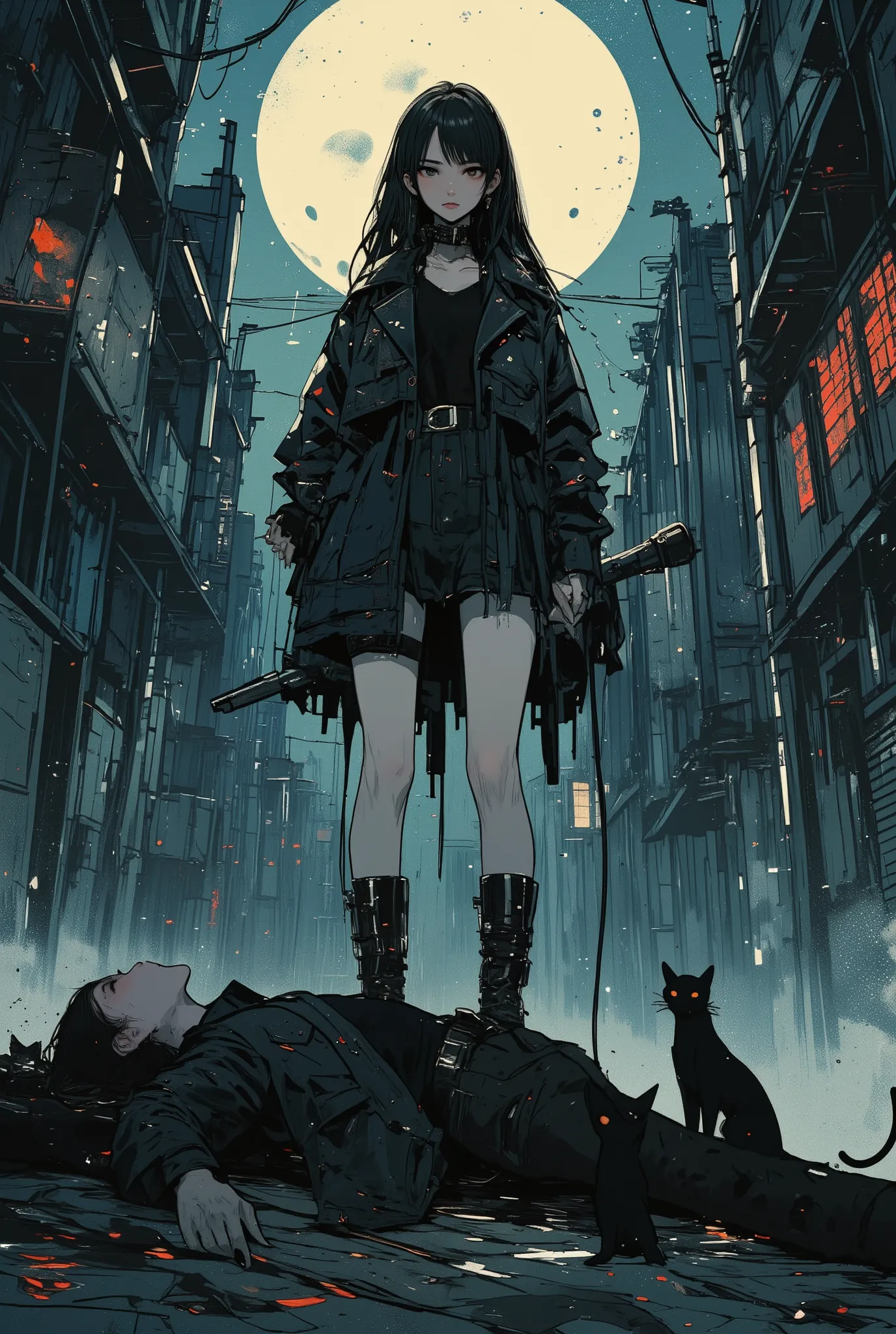 serial killer by day, beloved teen idol by night, pretty girl with a secret life, young female pop star, wielding a microphone as a bludgeon, standing over the lifeless body of a rival girl, dramatic pose, a young woman with striking features, mesmerizing ...