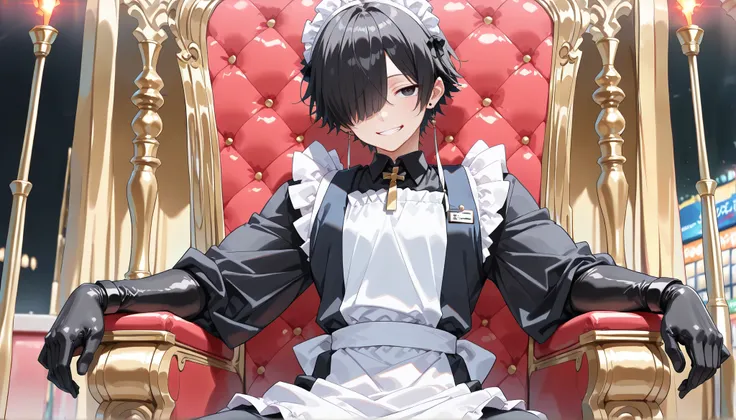(score_9, score_8_up, score_7_up, score_6_up, score_5_up, score_4_up), masterpiece, best quality, (ultra-detailed), BREAK 
 BREAK solo 1 beautiful-boy male  muscular (black-short-hair:1.4)  (hair over one eye, bangs, long bangs, :1.4) public-tatoo maid-clo...