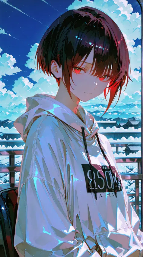 Refined Realistic Style（0.8）, Master Level, EXTREME DETAILS ,专业级后期处理,Masterpiece,anime style（1.2）,Best Quality,high resolution,8K,A short haired, slightly young child whose right eye is hidden by bangs is wearing a white hoodie， in white clouds 