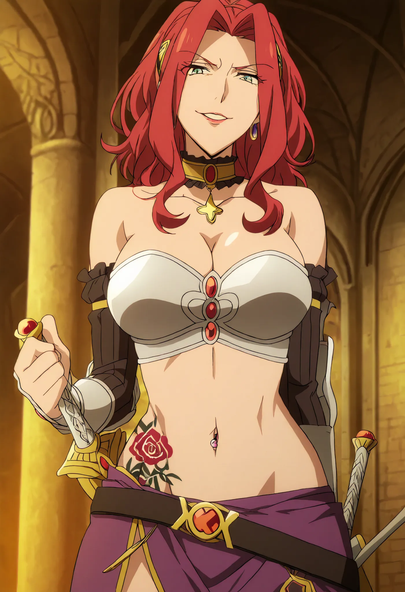 masterpiece, anime coloring, newest,   Malty S Melromarc, Main Outfit, solo, looking at viewer, castle,inside castle, , ear piercing, long hair,  lipstick,Hot girl, baddie, smoking, sensual, attractive ,cross
necklace, choker, neck ring,  elbow gloves, mid...
