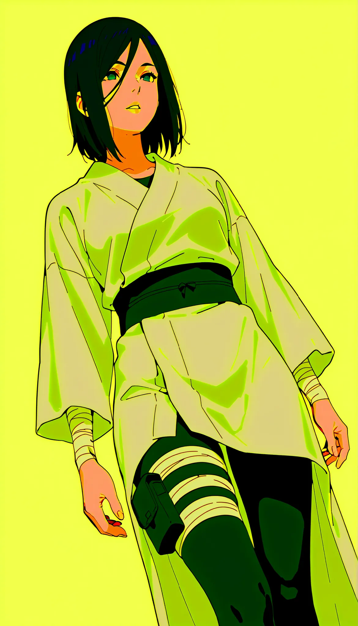 (((IZUMI NASE)))) walking confidently through a war field. The art style should closely match that of Naruto or similar shounen anime, with clean linework and soft shading. ((Solo)), ((white haori)), with layered leg accessories (bandages, thigh pouch, dar...