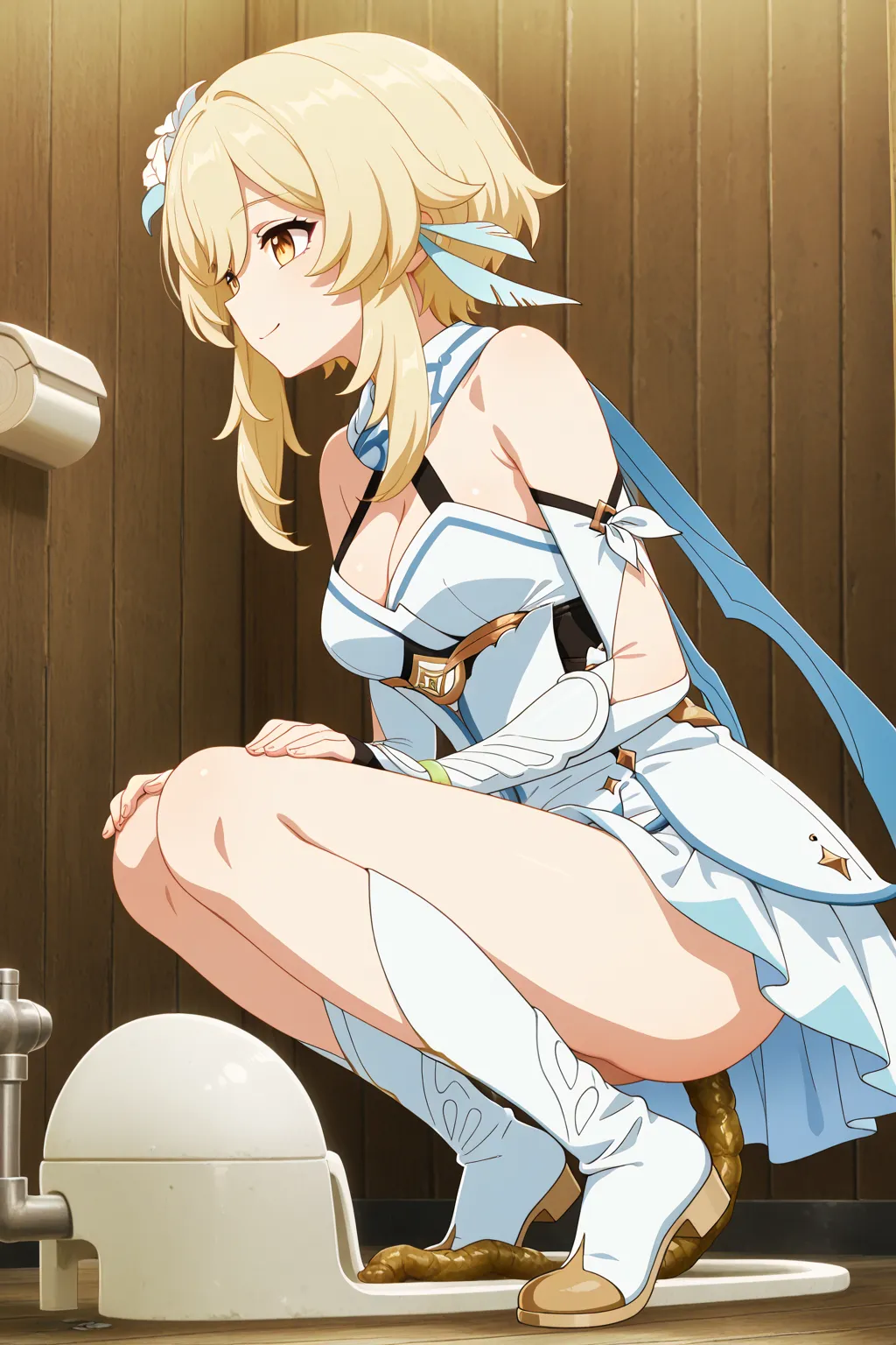 lumine, bangs, blonde hair, hair ornament, hair between eyes, yellow eyes, flower, hair flower, feather hair ornament,,dress, bare shoulders, detached sleeves, scarf, white dress, white footwear, cleavage, detached collar,, squatting on a squat style toilet, japanese style toilet, feces, pooping, scat, poop, traditional japanese bathroom, wooden bathroom, wooden toilet, blushed, anime screencap, detailed feces, official artwork, genshin impact style, cute face, from side view, profile, flat colors, happy face, no underwear, cute ass