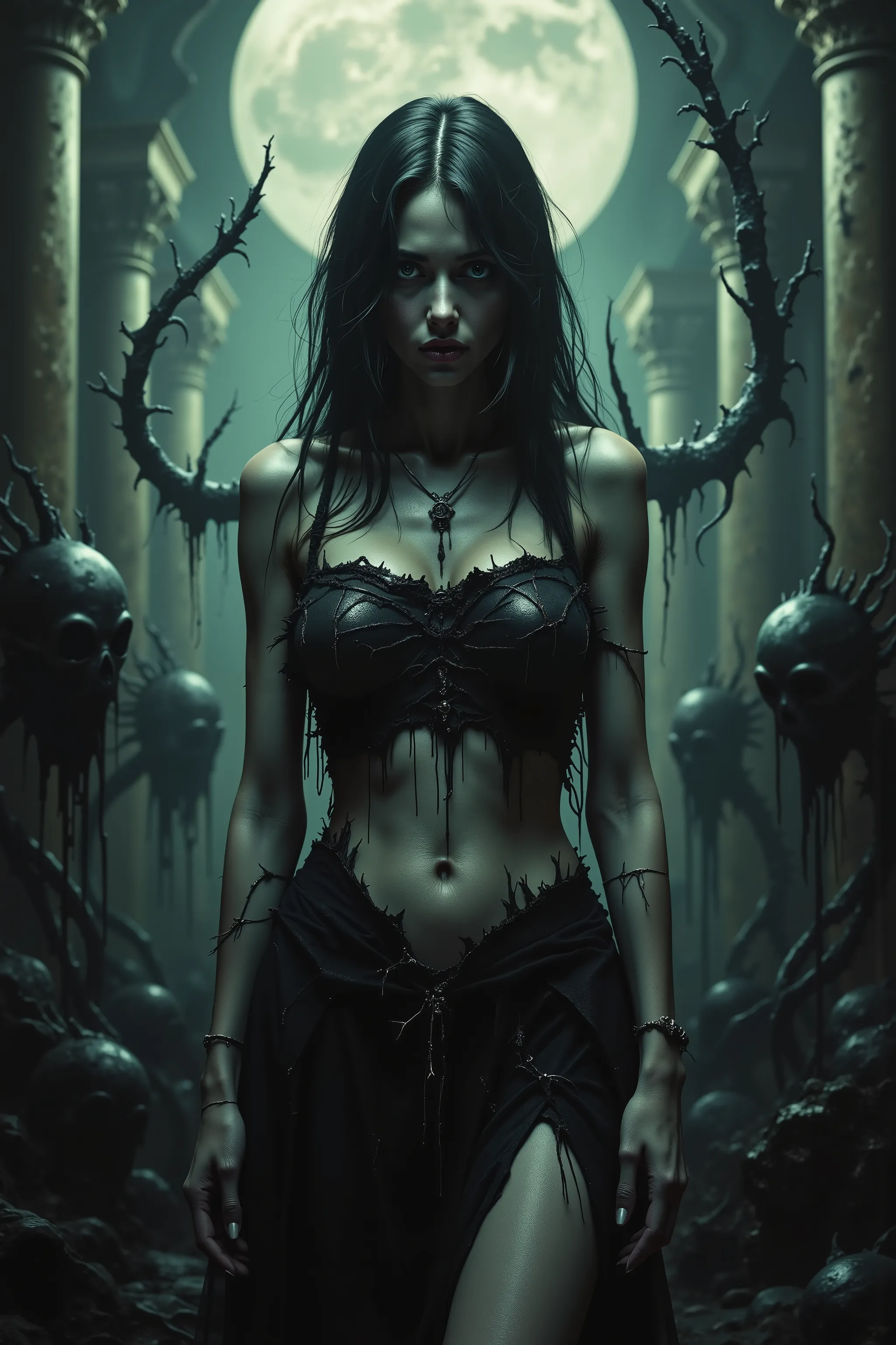 Ultra-realistic, photo-realistic, ultra-detailed, physically-based rendering, spooky atmosphere, surreal elements, macabre composition, nightmarish.   A woman and her aborted babies are stuck in Hades. 