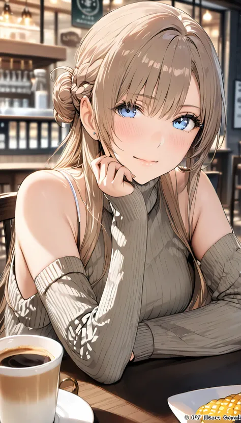 (((masterpiece))),hi-res,very high resolution,(((best quality))),official art,<Lola:addition_detail>,perfect lighting,watching viewers,View across the table,cafe,
1girl,Hamjarvis,Hair on one eye,corn hair bun,sweater,(turtleneck sweater:1.2),Sleeveless Tur...
