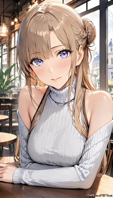 (((masterpiece))),hi-res,very high resolution,(((best quality))),official art,<Lola:addition_detail>,perfect lighting,watching viewers,View across the table,cafe,
1girl,Hamjarvis,Hair on one eye,corn hair bun,sweater,(turtleneck sweater:1.2),Sleeveless Tur...