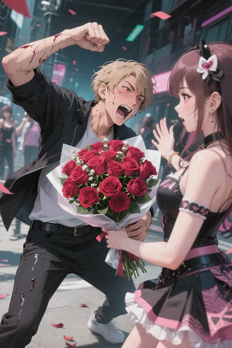 Idol Killer. Photorealistic, 8K quality. Hyper-realistic. An otaku who chases after underground idols. Holding a big bouquet of roses, he ferociously attacks a cute idol he likes. The otaku is drawn in a comedic style, drenched in sweat as he appeals to her.