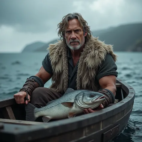 nordic medieval simple man, 45 years old, winter medieval clothing, fur coat, muscular body, curly blondie grey hair, sitting on a wooden boat holding a big fish, detailed figure portrait, realistic, photorealistic, high quality, 8K, HDR, ultra-detailed, p...