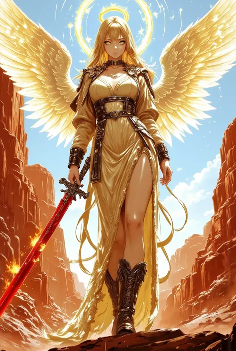 The winged woman is angel. She has a mature bodybuilding  with big breasts , thin waist and wide hips. She has a peachy pale skin. She has glowing green eyes with star sigils. She has angel wings on her head.  She has longest  blond gold  straight hair, wi...