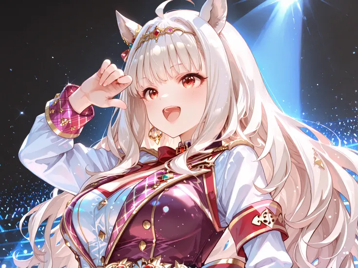 yabuki,shijyo takane(idolm@ster), biwa hayahide\(umamusume\) Biwa Hayahide from Uma Musume and Shijo Takane from Idolmaster, both wearing their respective game's stage/racing outfits, singing joyfully with big smiles on a simple stage. They are in an energ...