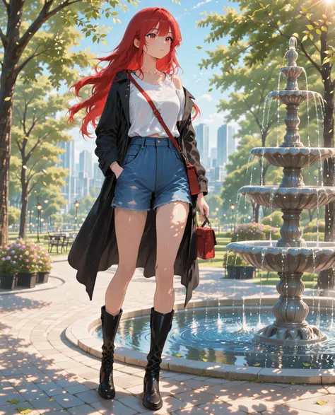 beautiful girl with long red hair。 hair fluttering in the wind 、Eyes are deep black。instead of a black long coat and long boots、and is wearing a fitted white t-shirt and short denim pants。the strap of a crossbody shoulder bag crosses the chest、naturally pi...