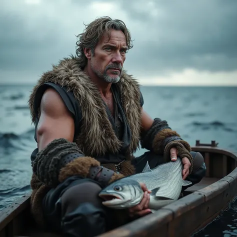 nordic medieval simple man, 45 years old, winter medieval clothing, fur coat, muscular body, curly blondie grey hair, sitting on a wooden boat holding a big fish, detailed figure portrait, realistic, photorealistic, high quality, 8K, HDR, ultra-detailed, p...