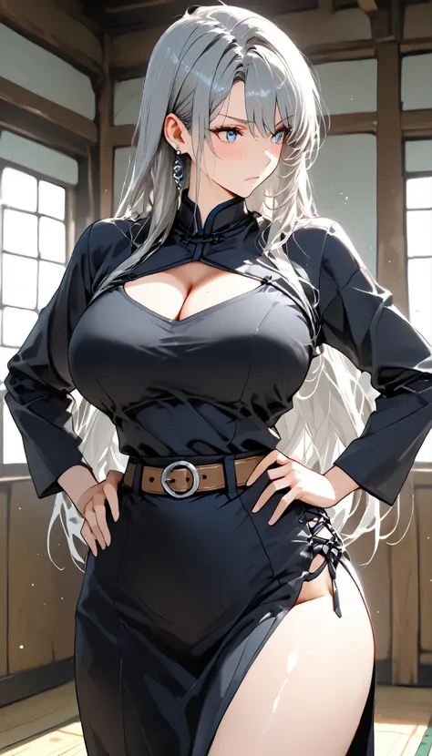 anime character, attractive female teacher ((completely straight hair)), long dark gray hair, with fringe framing her face, light blue eyes, expression of leadership, leadership look, perfect profiled face, intense look,  cold expression , Wears a dark for...
