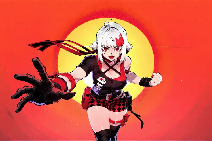 MorganaMyst from fortnite,stylized gothic woman with short white hair and red highlights,wearing asymmetrical black and red clothes,expreesive sharp (red) eyes, and a confident,mischievous expression,Her outfit includes a black off-shoulder top with criss-...