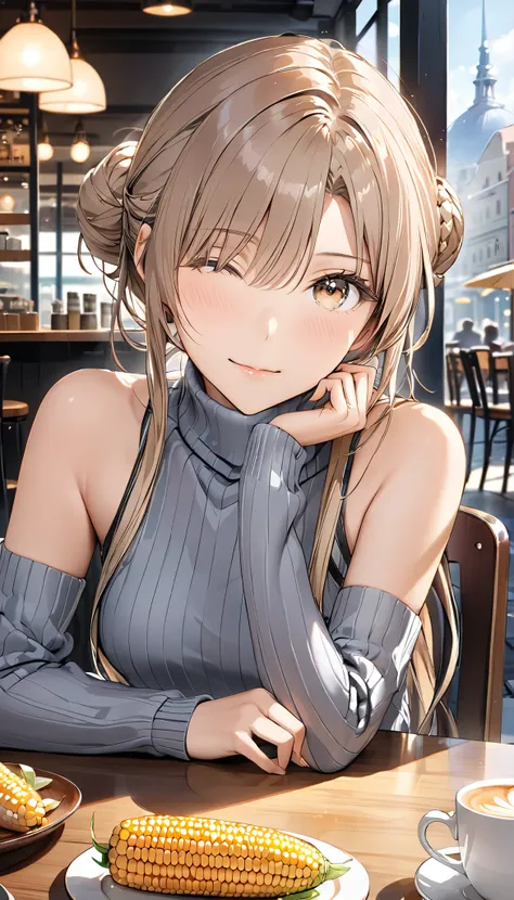(((masterpiece))),hi-res,very high resolution,(((best quality))),official art,<Lola:addition_detail>,perfect lighting,watching viewers,View across the table,cafe,
1girl,Hamjarvis,Hair on one eye,corn hair bun,sweater,(turtleneck sweater:1.2),Sleeveless Tur...
