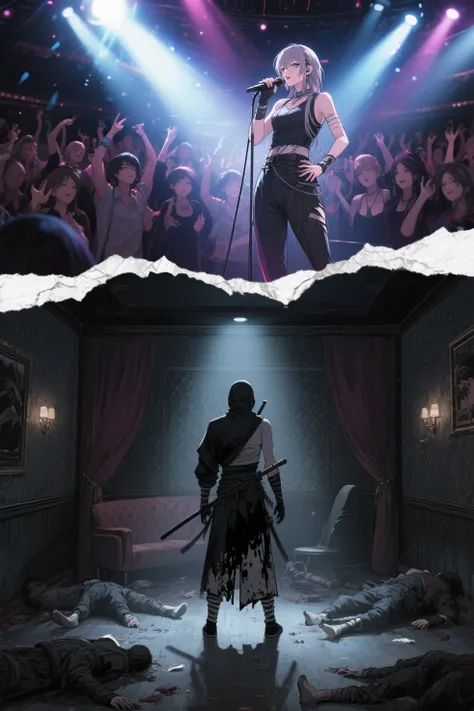 (best quality,8k,highres, masterpiece:1.2).(anime style),ultra-detailed, HDR, UHD, studio lighting, ultra-fine painting, sharp focus, physically-based rendering, extreme detail description, professional, portraits, concept artists, dramatic lighting,The screen is divided horizontally to create two separate scenes: the top shows an idol singing in front of an enthusiastic audience, with dazzling flashes of light, while the bottom features silhouette art depicting a private room in a cabaret with a ninja seen from behind, dressed in ink-stained attire, their face not visible, and multiple fallen individuals at the ninja's feet. The boundary between the two images has a jagged, wavy line with the texture of torn paper.