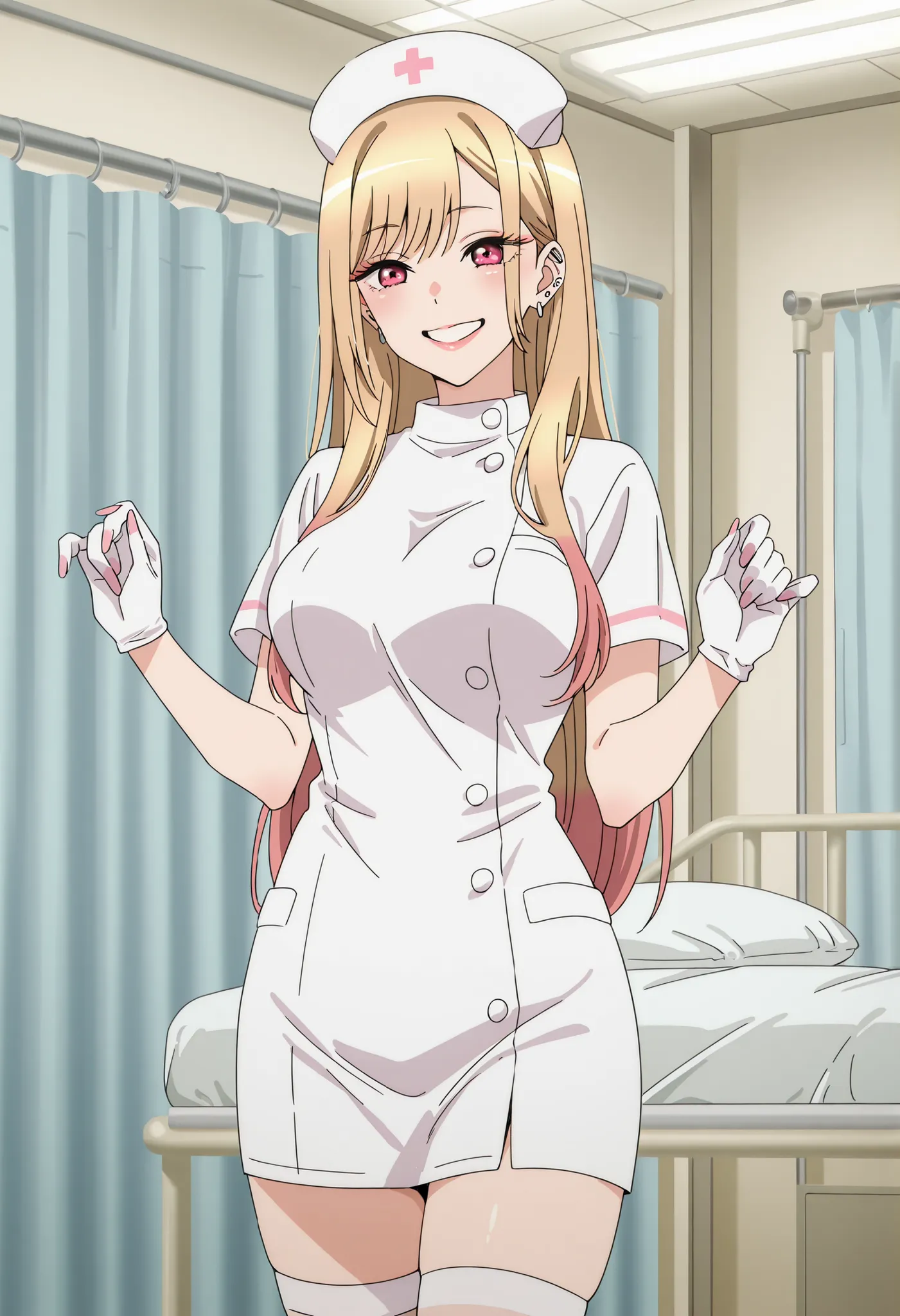 Score_9, score_8_up, score_7_up, source_anime, Marin Kitagawa, 1girl, solo, blonde hair, long hair, multicolored hair, red eyes, earrings, ear piercing, large breasts, (best quality), (high quality), {masterpiece}, extremely delicate and beautiful, ultra-d...