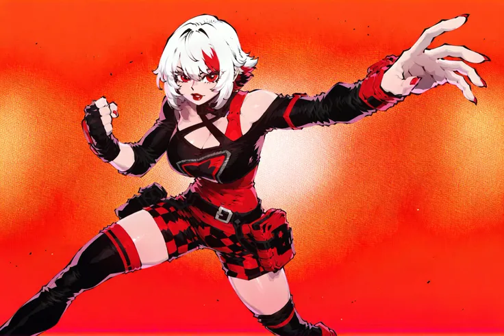 Morgan Myst from fortnite,stylized gothic woman with short white hair and red highlights,wearing asymmetrical black and red clothes,expreesive sharp (red) eyes, and a confident,mischievous expression,Her outfit includes a black off-shoulder top with criss-...