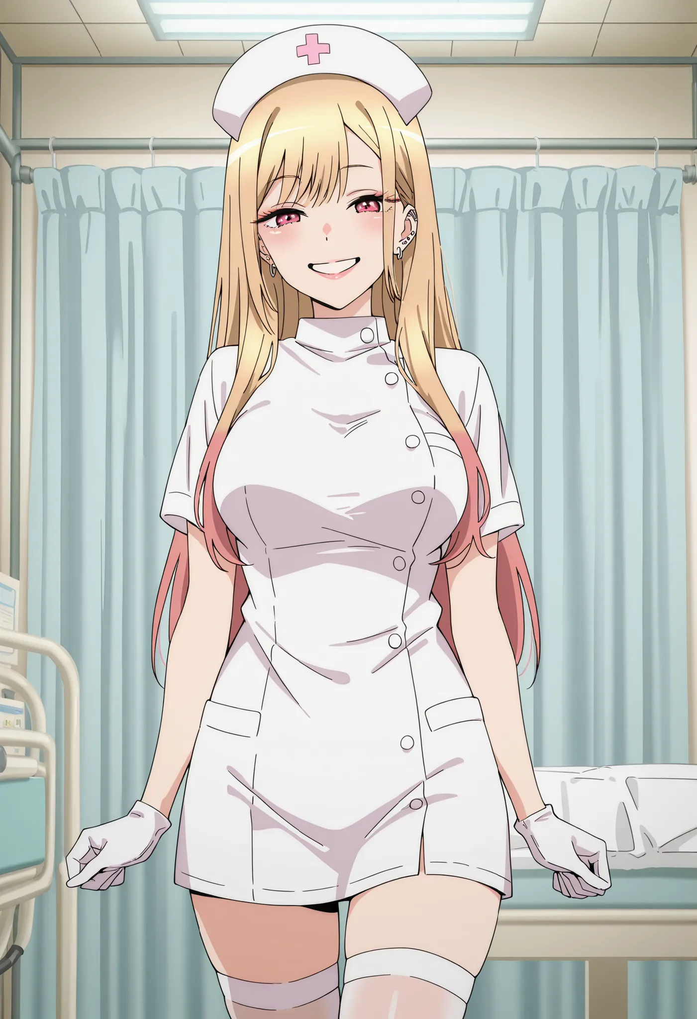 Score_9, score_8_up, score_7_up, source_anime, Marin Kitagawa, 1girl, solo, blonde hair, long hair, multicolored hair, red eyes, earrings, ear piercing, large breasts, (best quality), (high quality), {masterpiece}, extremely delicate and beautiful, ultra-d...
