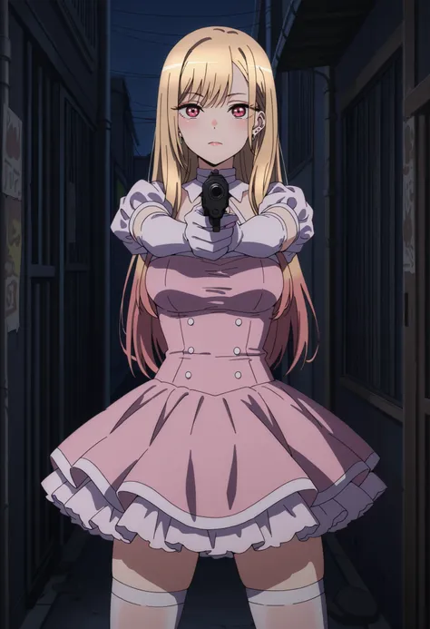 Score_9, score_8_up, score_7_up, source_anime, Marin Kitagawa, 1girl, solo, blonde hair, long hair, multicolored hair, red eyes, earrings, ear piercing, large breasts, (best quality), (high quality), {masterpiece}, extremely delicate and beautiful, ultra-d...