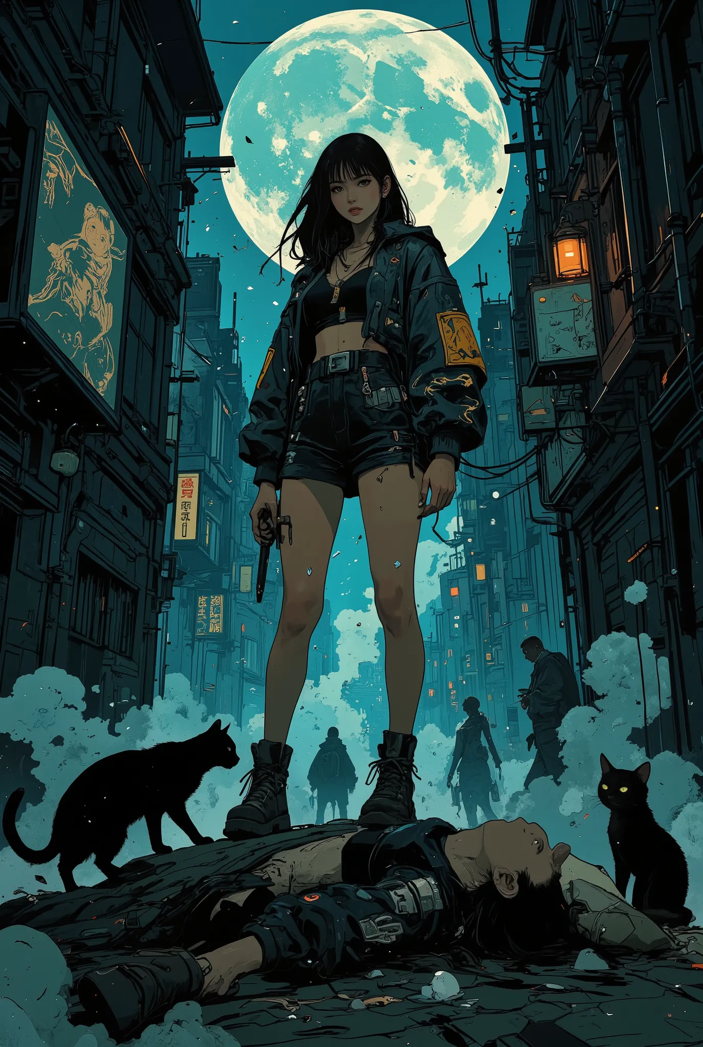 serial killer by day, beloved teen idol by night, pretty girl with a secret life, young female pop star, wielding a microphone as a bludgeon, standing over the lifeless body of a pretty rival girl, dramatic pose, a young woman with striking features, mesme...
