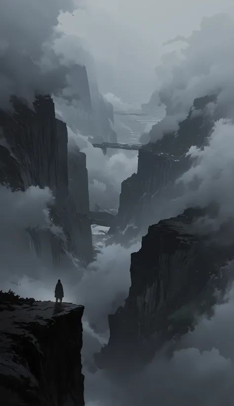 The image depicts a solitary figure standing on the edge of a steep cliff, enveloped in a dense fog that creates a sense of isolation and mystery. The cliff is sharply vertical, with a narrow pass running through it, and the fog obscures much of the backgr...