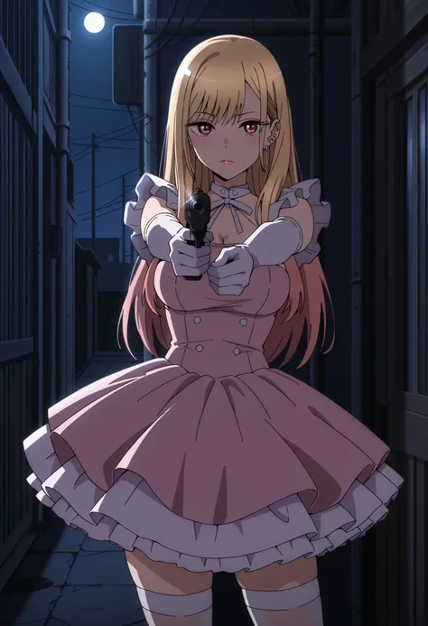 Score_9, score_8_up, score_7_up, source_anime, Marin Kitagawa, 1girl, solo, blonde hair, long hair, multicolored hair, red eyes, earrings, ear piercing, large breasts, (best quality), (high quality), {masterpiece}, extremely delicate and beautiful, ultra-d...