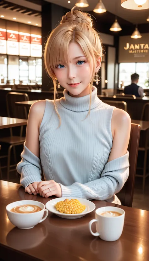 (((masterpiece))),hi-res,very high resolution,(((best quality))),official art,<Lola:addition_detail>,perfect lighting,watching viewers,View across the table,cafe,
1girl,Hamjarvis,Hair on one eye,corn hair bun,sweater,(turtleneck sweater:1.2),Sleeveless Tur...