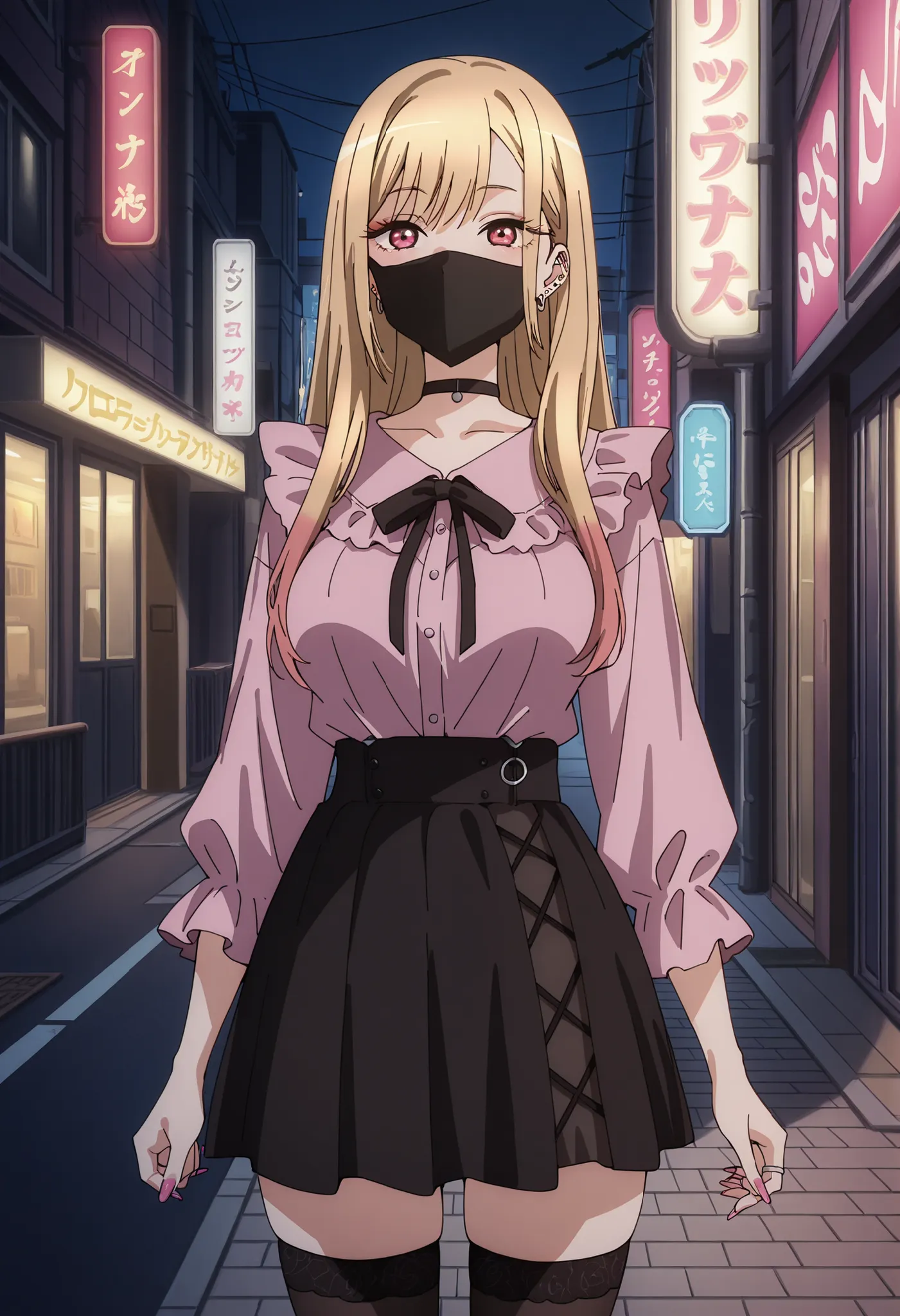 Score_9, score_8_up, score_7_up, source_anime, Marin Kitagawa, 1girl, solo, blonde hair, long hair, multicolored hair, red eyes, pink nails, nail polish, fingernails, jewelry, earrings, ear piercing, large breasts, (best quality), (high quality), {masterpi...